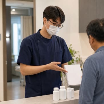 혁원장이 시니어 환자에게 복용과 수면 상태를 설명하는 모습